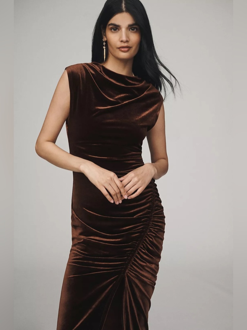 BHLDN Francesca Velvet Maxi Dress Cocoa Brown Ruched High Neck Anthropologie M
